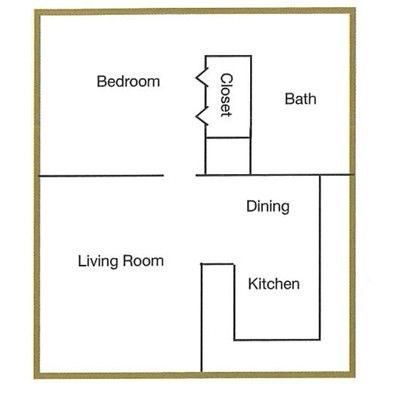 A diagram of a living room with a bedroom, bath, dining, and kitchen area.